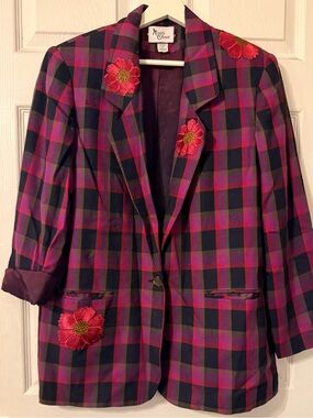 Rosie’s Closet Pink & Black Plaid Blazer with Floral Appliqués